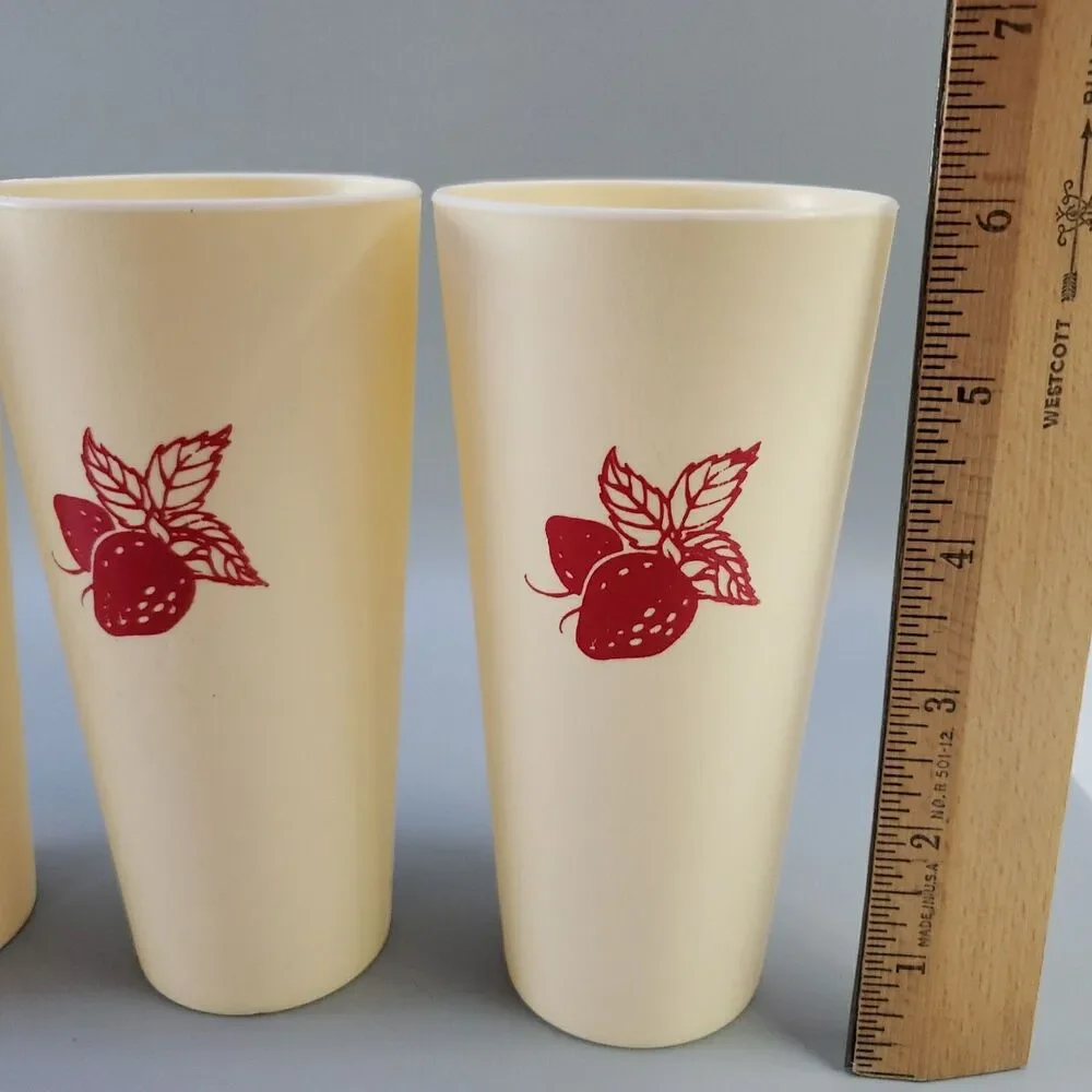 Vintage Strawberry Cups Plastic Tumblers Red Cream Set of 6 Retro Kitchen